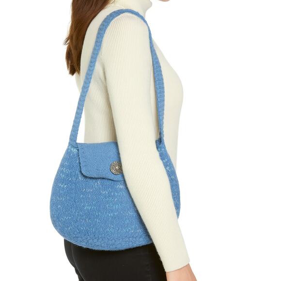 Handmade Felted Wool Shoulder Bag Blue Knit Purse Cotton Lined with Pockets Boho - Picture 3 of 15